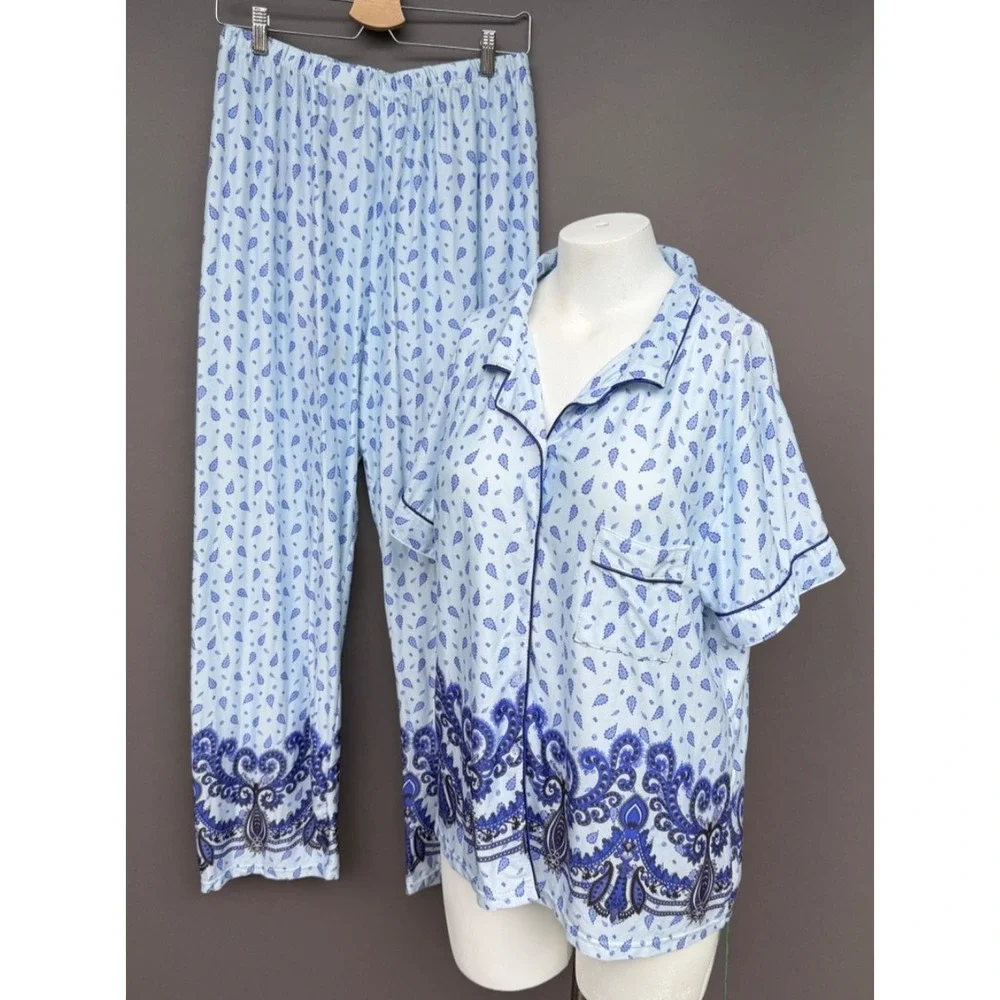 Blue Paisley Pajama Set 3x Short Sleeve Button Top Long Pants Sleepwear Lounge